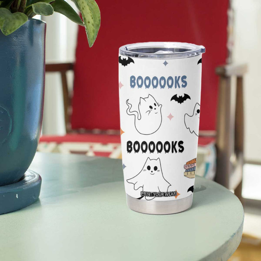 Cute Ghost Cat Reading Tumbler Cup Funny Reader Halloween Bookish Cat Mom Gift TB10