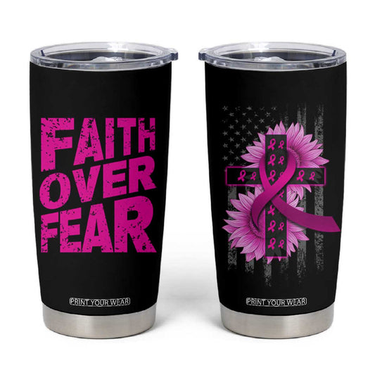 Breast Cancer Awareness Tumbler Cup Christian Gift Pink Ribbon USA Flag Sunflower Faith Over Fear TB10