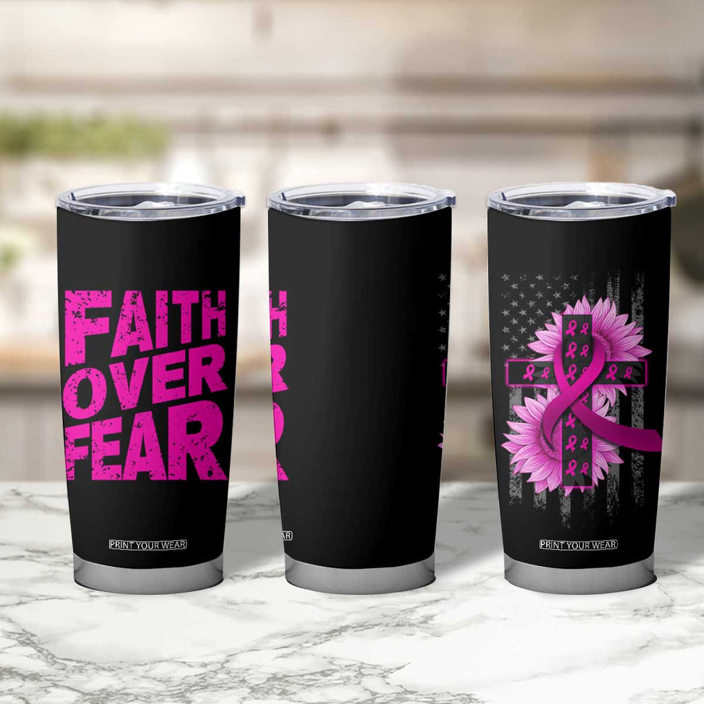 Breast Cancer Awareness Tumbler Cup Christian Gift Pink Ribbon USA Flag Sunflower Faith Over Fear TB10