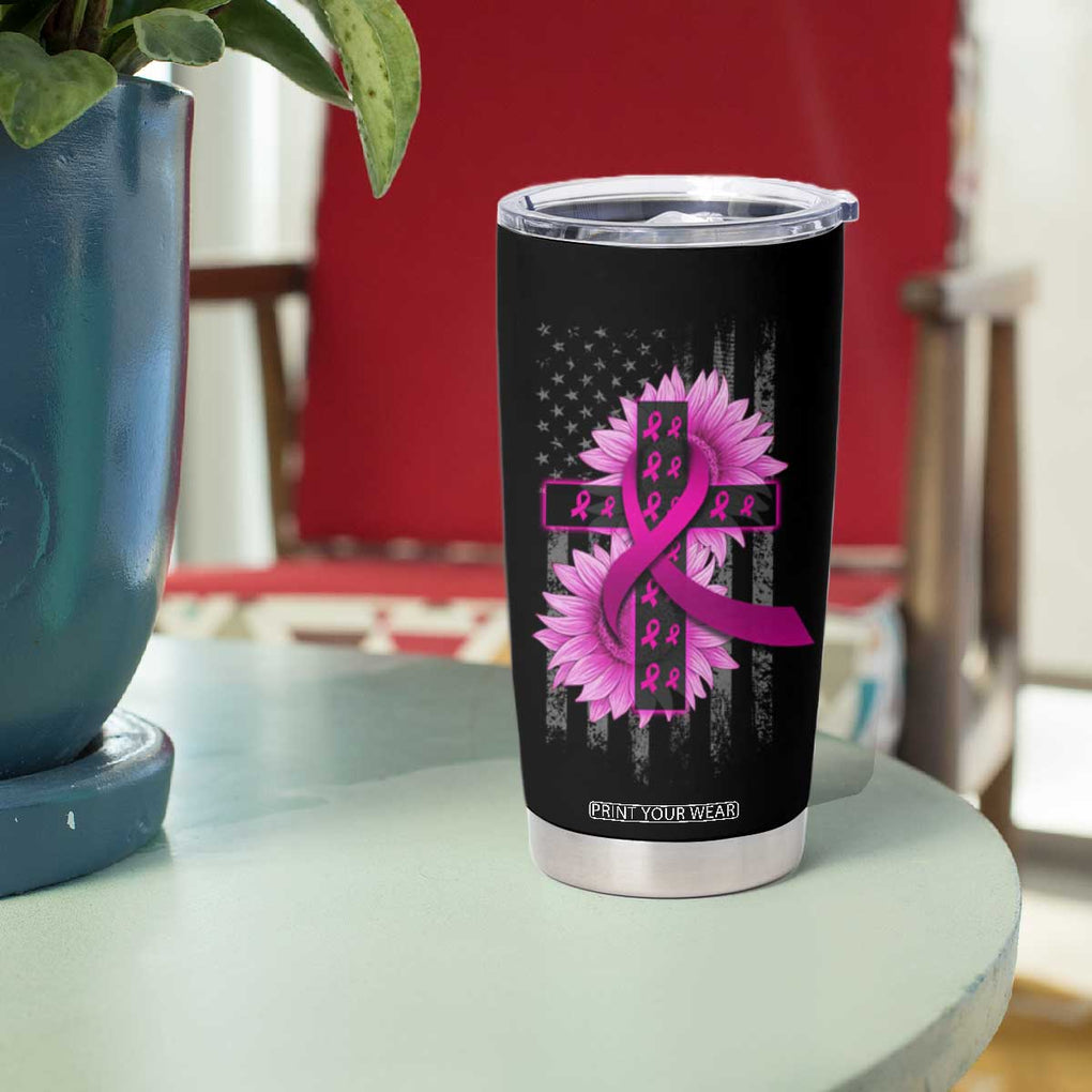 Breast Cancer Awareness Tumbler Cup Christian Gift Pink Ribbon USA Flag Sunflower Faith Over Fear TB10