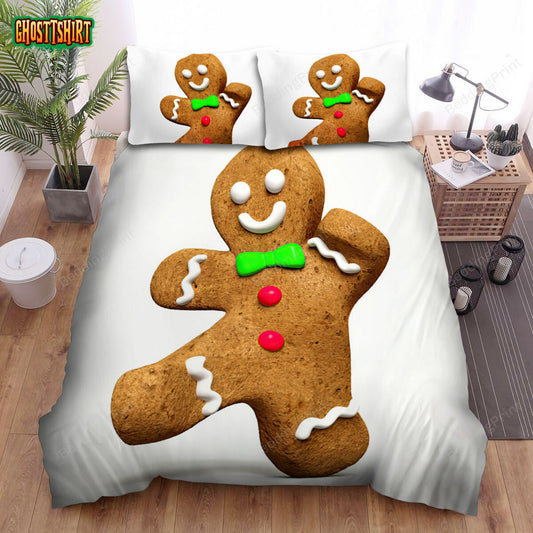 The Christmas Art, Gingerbread Man Wearing Green Tie Bed Sheets Spread Duvet Cover Bedding Set
