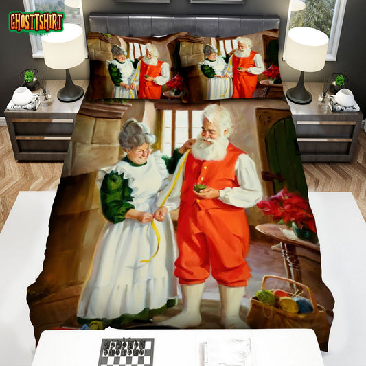 The Christmas Art, Mrs. Claus Measuring Husband Body Bed Sheets Spread Duvet Cover Bedding Set
