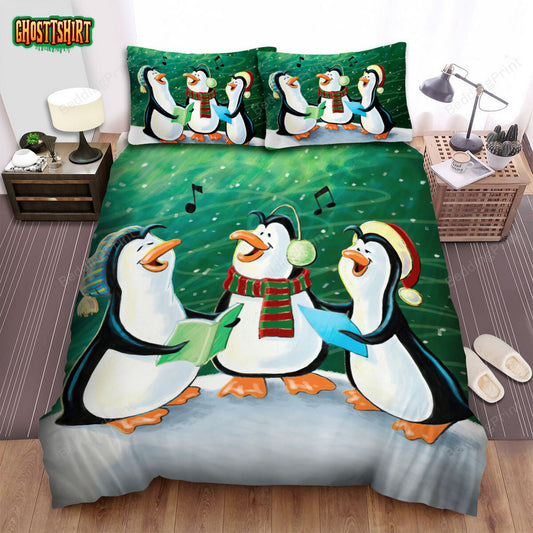 The Christmas Art, Penguin Singing Christmas Song Bed Sheets Spread Duvet Cover Bedding Set
