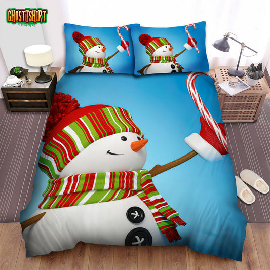 The Christmas Art, Snowman Showing His Candy Cane Bed Sheets Spread Duvet Cover Bedding Set