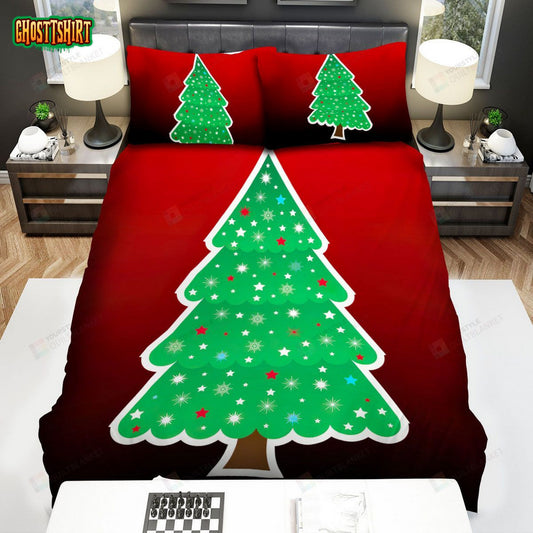 The Christmas Tree Cartoon Vector In Red Bed Sheets Spread Duvet Cover Bedding Set