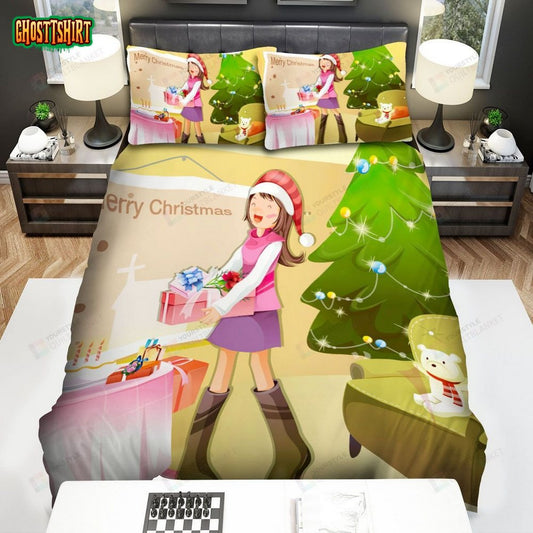 The Christmas Tree In Room And Merry Poster Bed Sheets Spread Duvet Cover Bedding Set