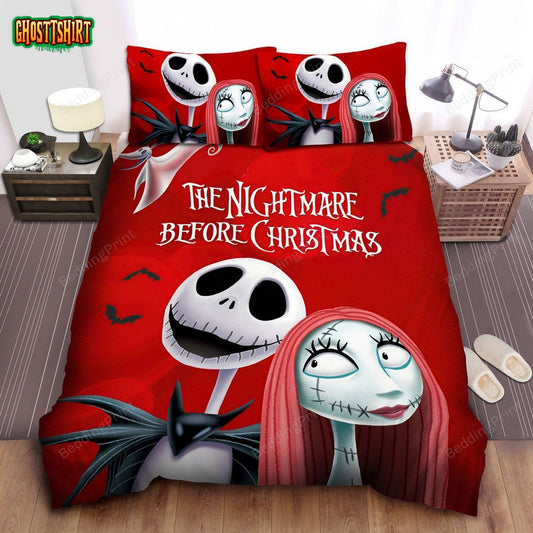 The Nightmare Before Christmas Jack & Sally On Red Theme Bed Sheets Duvet Cover Bedding Set