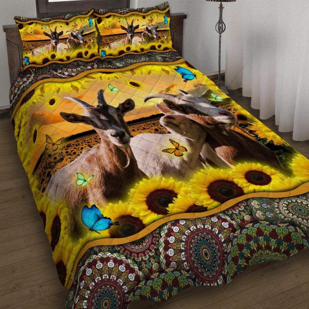 Personalized Sunflower Farm 3-pc Quilt Bedding Set with Three Goats Design