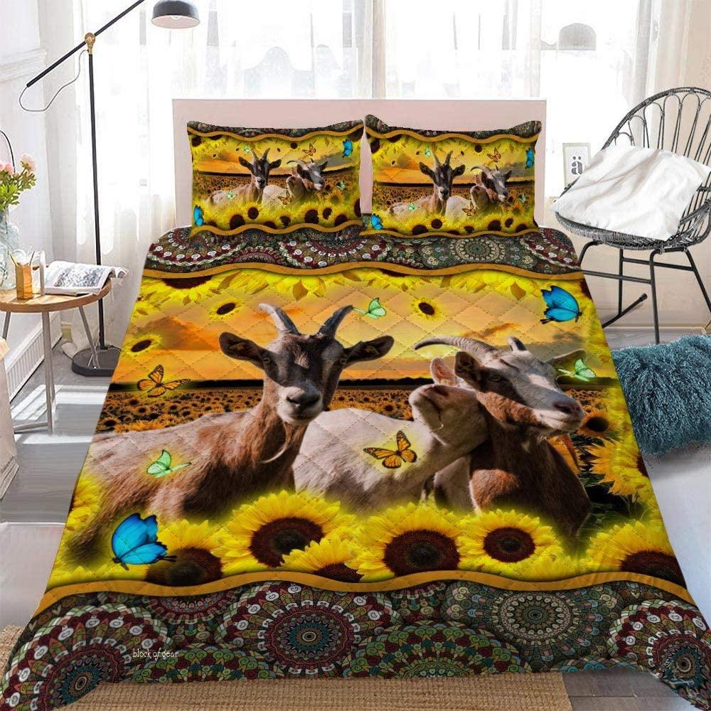 Personalized Sunflower Farm 3-pc Quilt Bedding Set with Three Goats Design