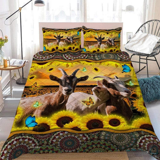 Personalized Sunflower Farm 3-pc Quilt Bedding Set with Three Goats Design