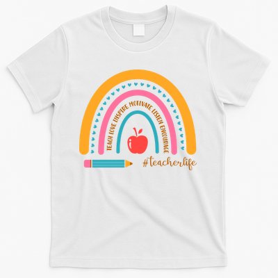 Teacher Life Love Inspire Motivate Rainbow T-Shirt