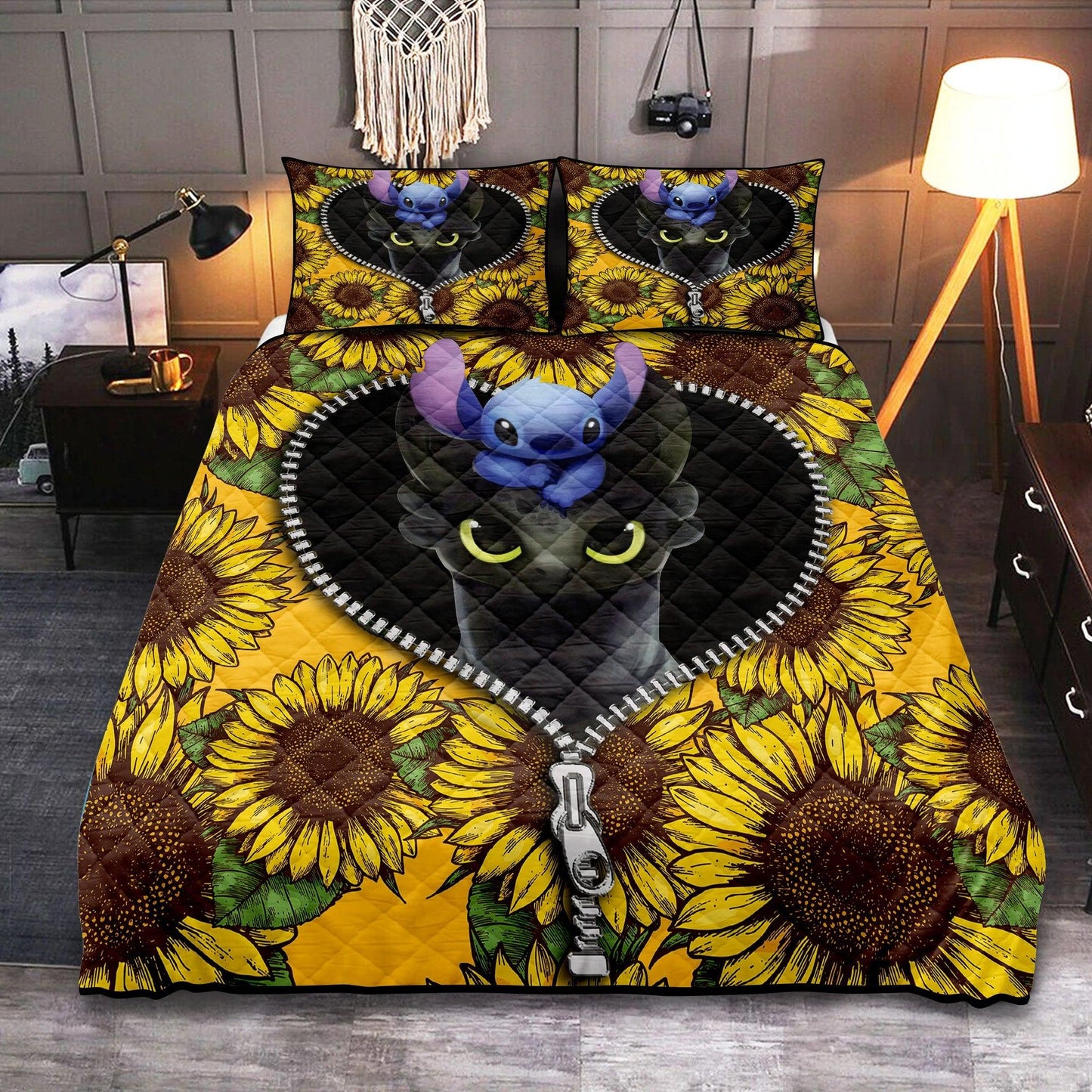 Personalized Toothless and Stitch Sunflower 3-pc Quilt Bedding Set for Cozy Bedding