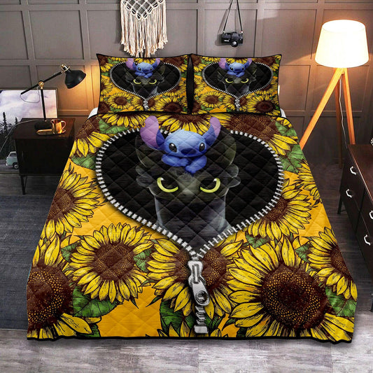 Personalized Toothless and Stitch Sunflower 3-pc Quilt Bedding Set for Cozy Bedding