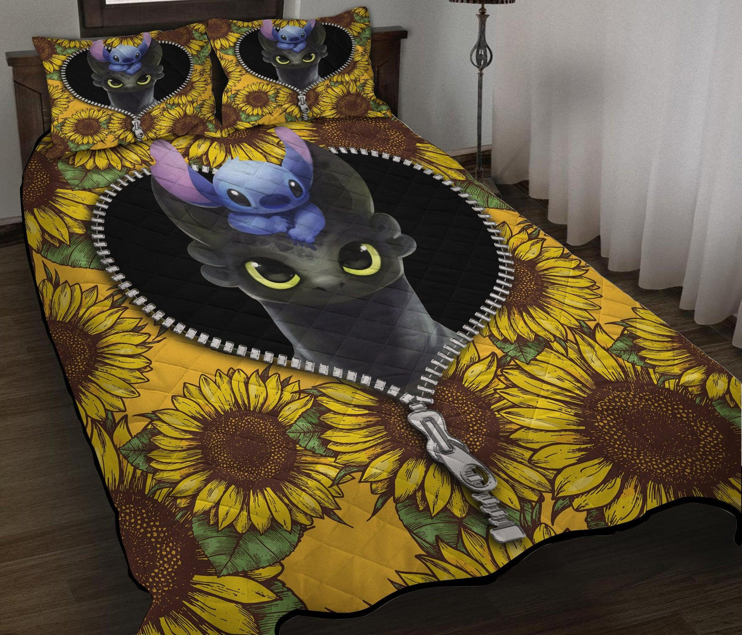 Personalized Toothless and Stitch Sunflower 3-pc Quilt Bedding Set for Cozy Bedding