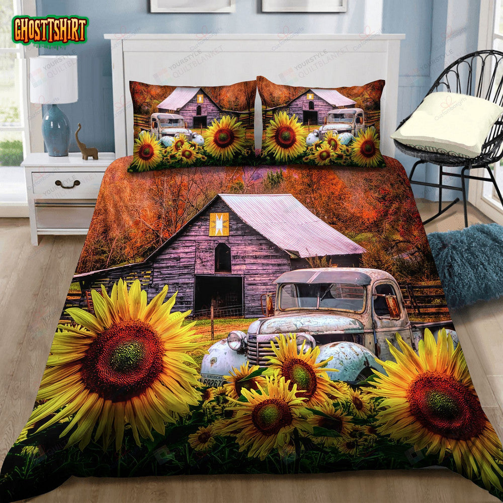 Truck Farm Garden Sunflower Bed Sheets Spread Duvet Cover Bedding Set