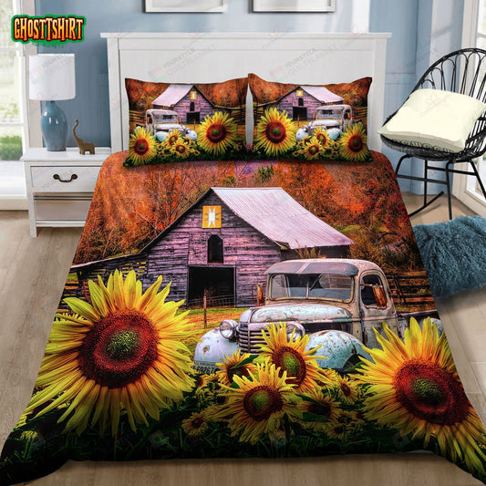 Truck Farm Garden Sunflower Bed Sheets Spread Duvet Cover Bedding Set