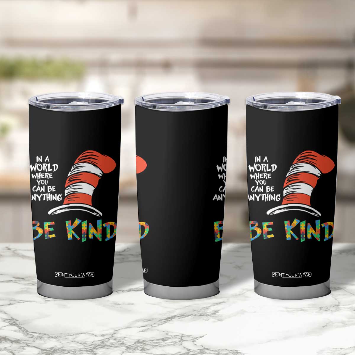 Autism Awareness Tumbler Cup Why Fit In When You Were Born To Stand Out Cat In Hat TS02