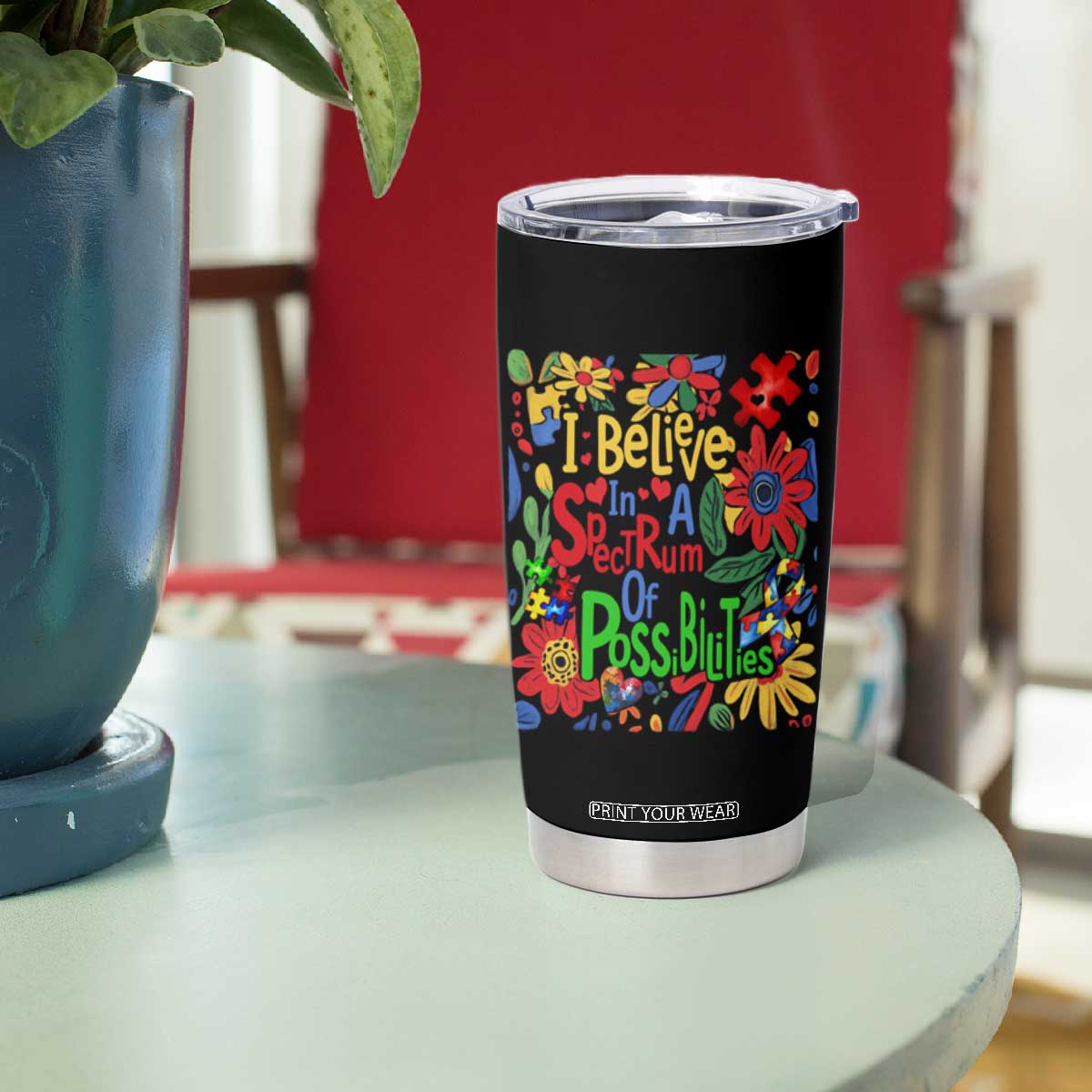 Autism Acceptance Tumbler Cup I Believe In A Spectrum Of Possibilities Retro Boho TS02