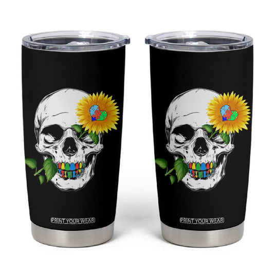 Autism Skull Sunflower Tumbler Cup Support Autistic Puzzle Pieces Heart TS02