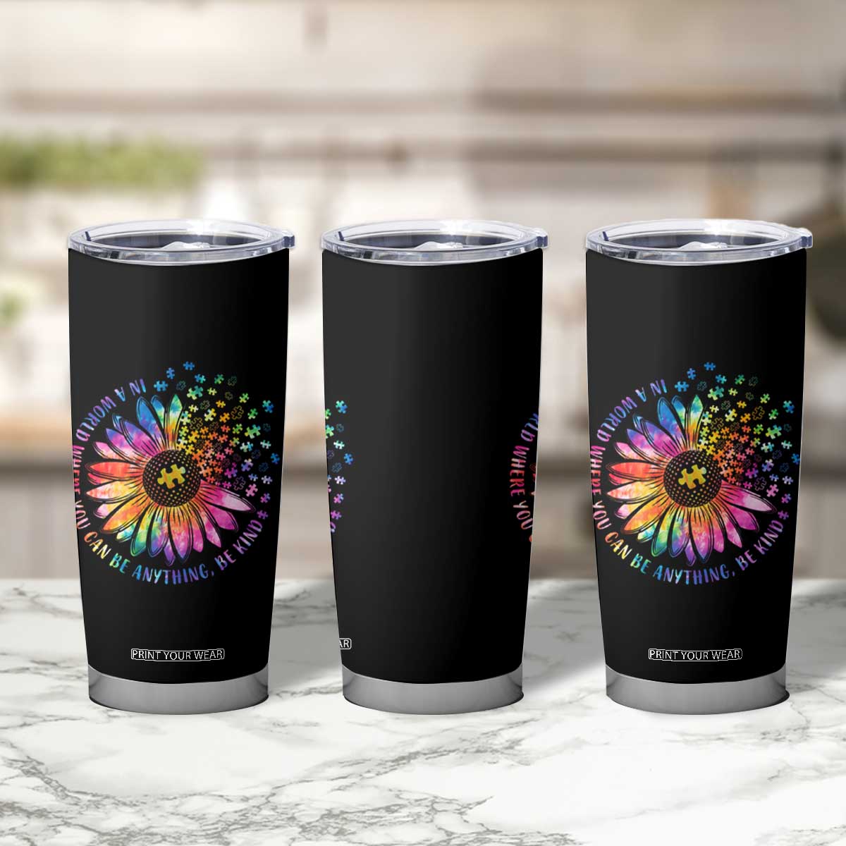 Be Kind Autism Awareness Tumbler Cup Kindness Sunflower Tie Dye Puzzle TS02
