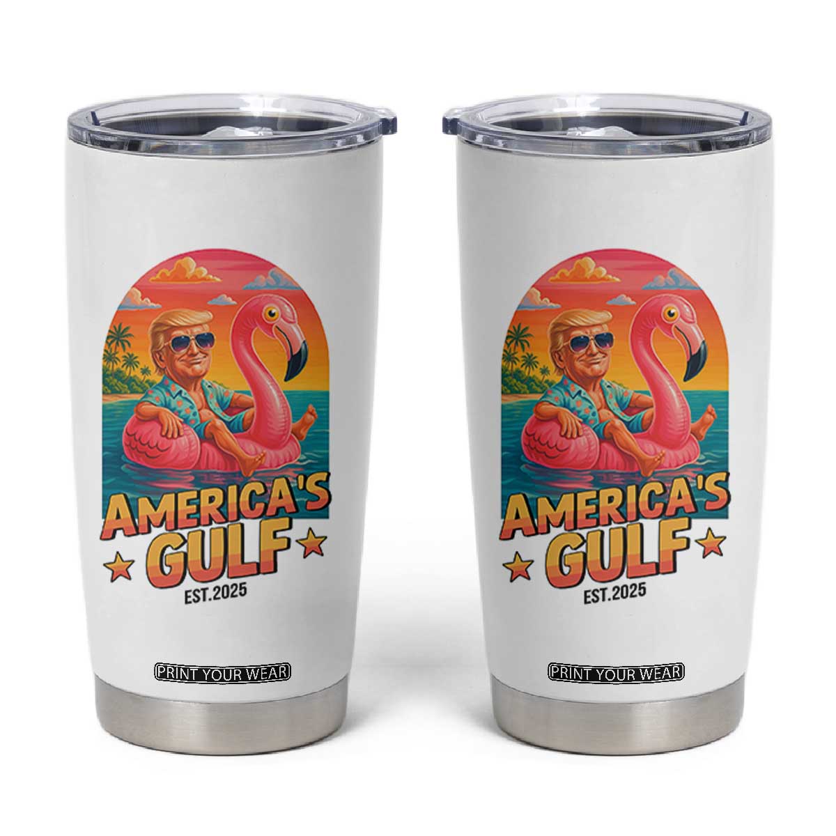 Americas Gulf Est 2025 Tumbler Cup Funny Trump Flamingo Float Patriotic Beach TS02