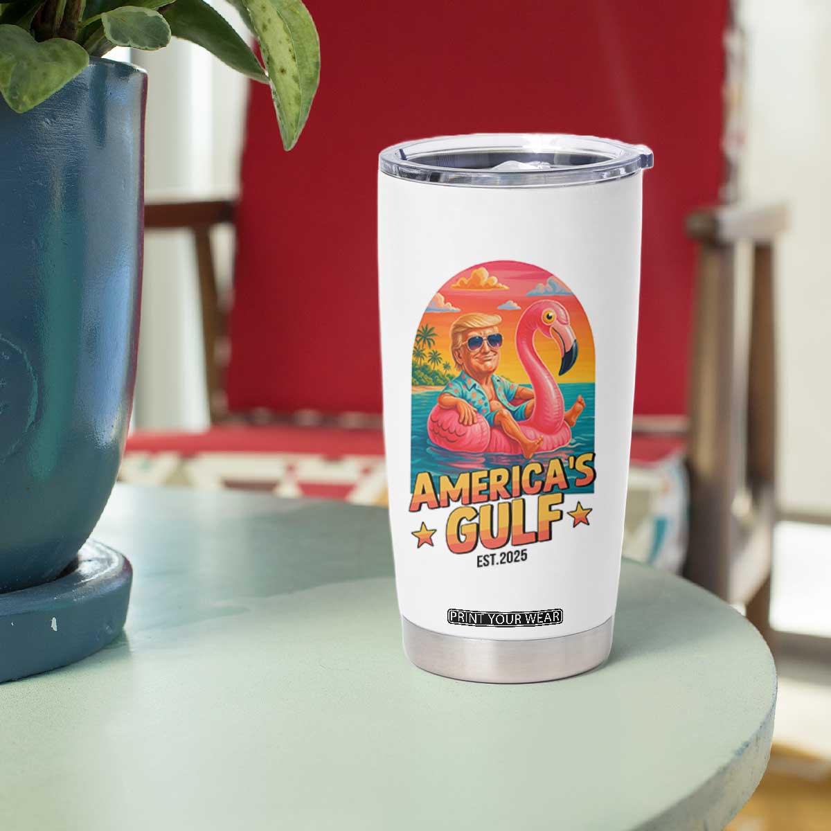 Americas Gulf Est 2025 Tumbler Cup Funny Trump Flamingo Float Patriotic Beach TS02