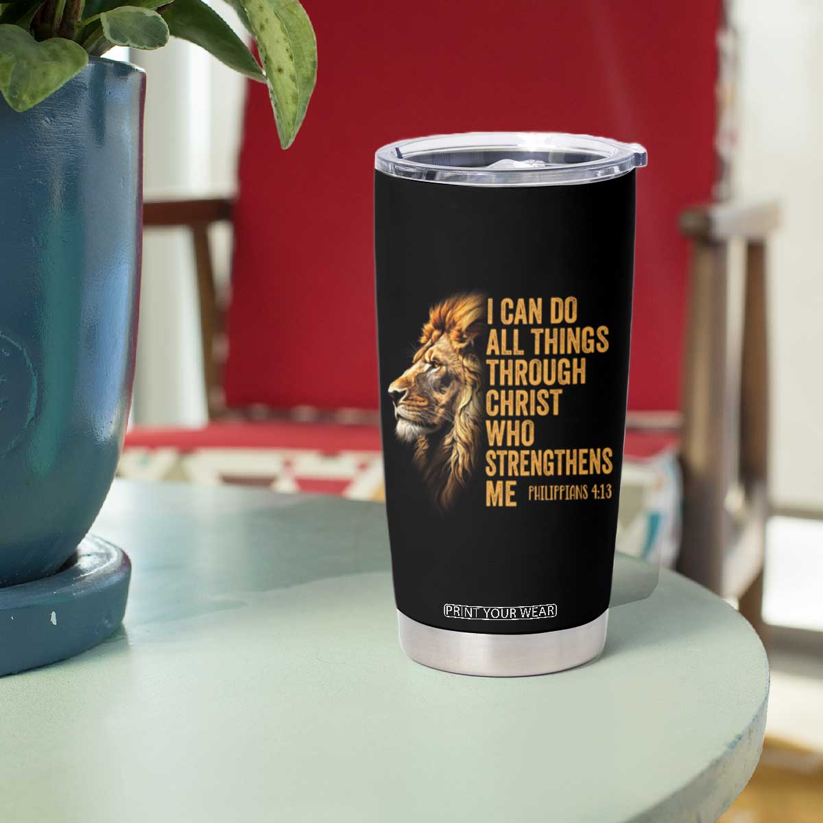 Christian Faith Tumbler Cup Philippians 4:13 Religious Lion Strengthens TS02