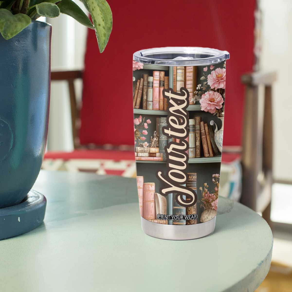 Bookshelf Floral Pattern Tumbler Cup Personalized TS04