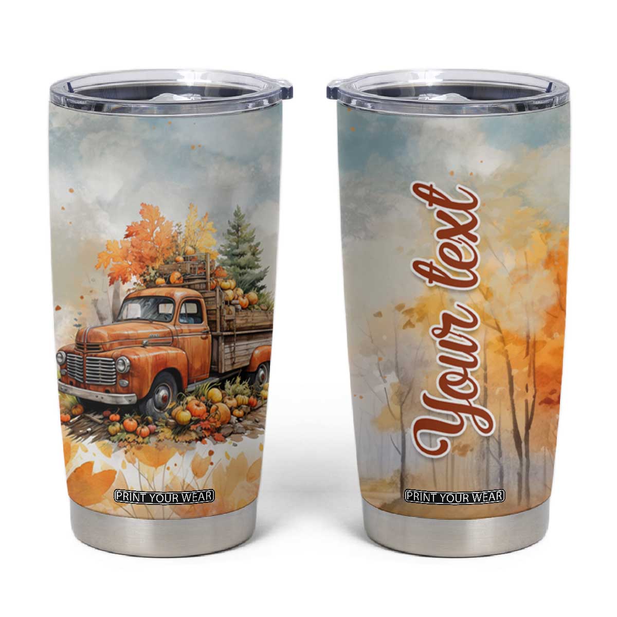 Autumn - Pumkin Truck and Leaves Personalized Tumbler Cup TS04