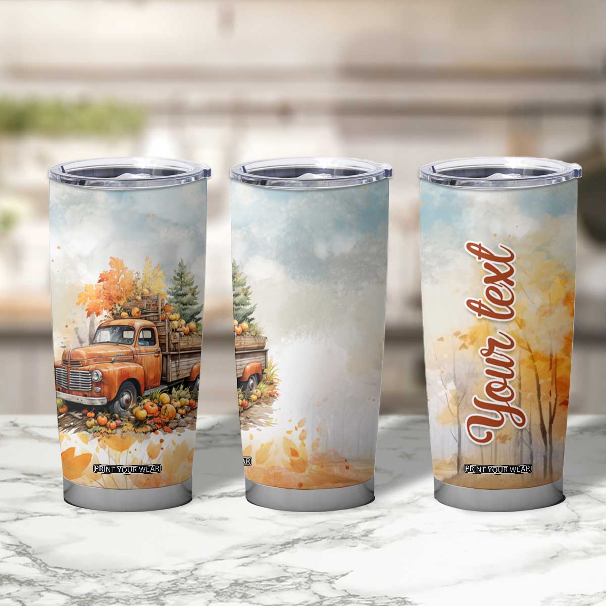Autumn - Pumkin Truck and Leaves Personalized Tumbler Cup TS04