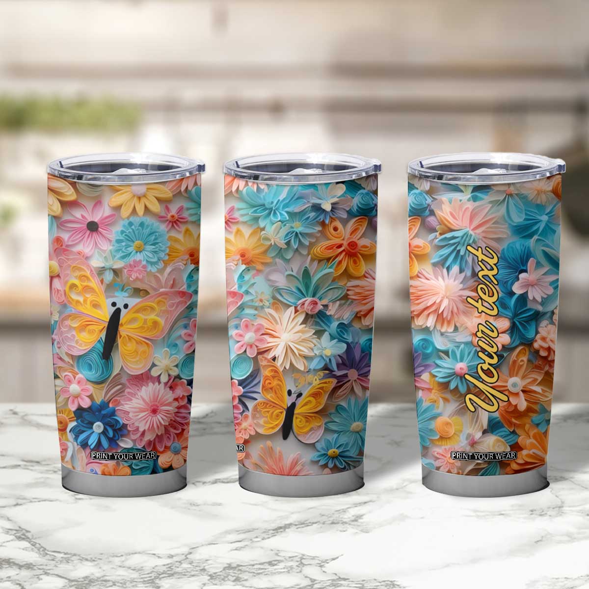 Butterfly Coloful Paper Quiling Tumbler Cup Personalized TS04