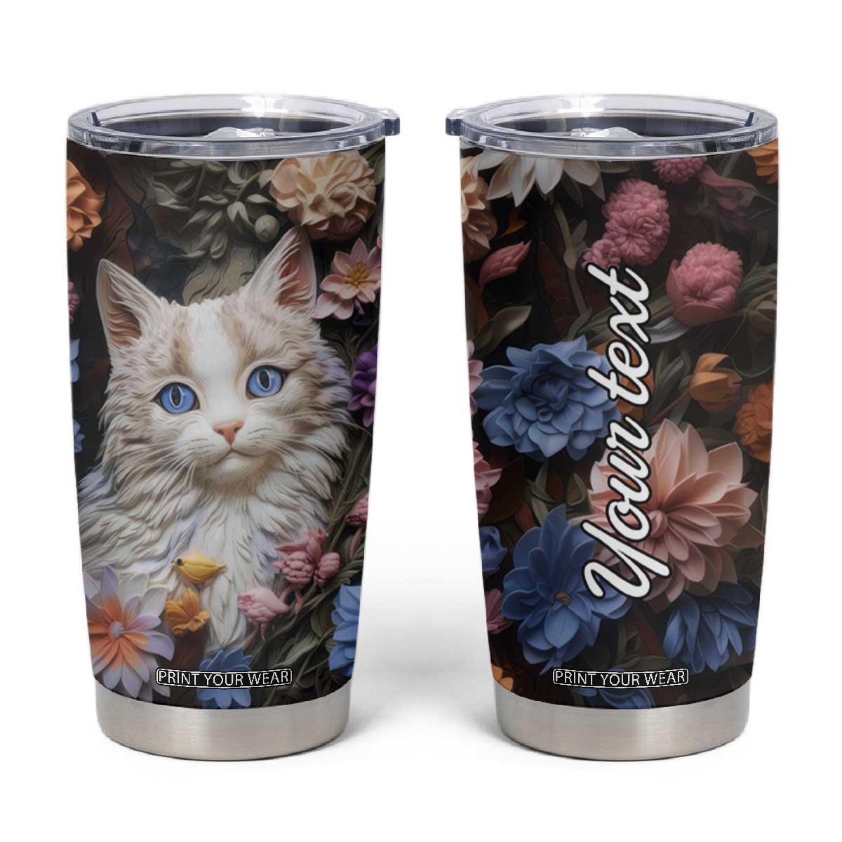 Cat Flowers Plaster Carving Tumbler Cup Personalized TS04