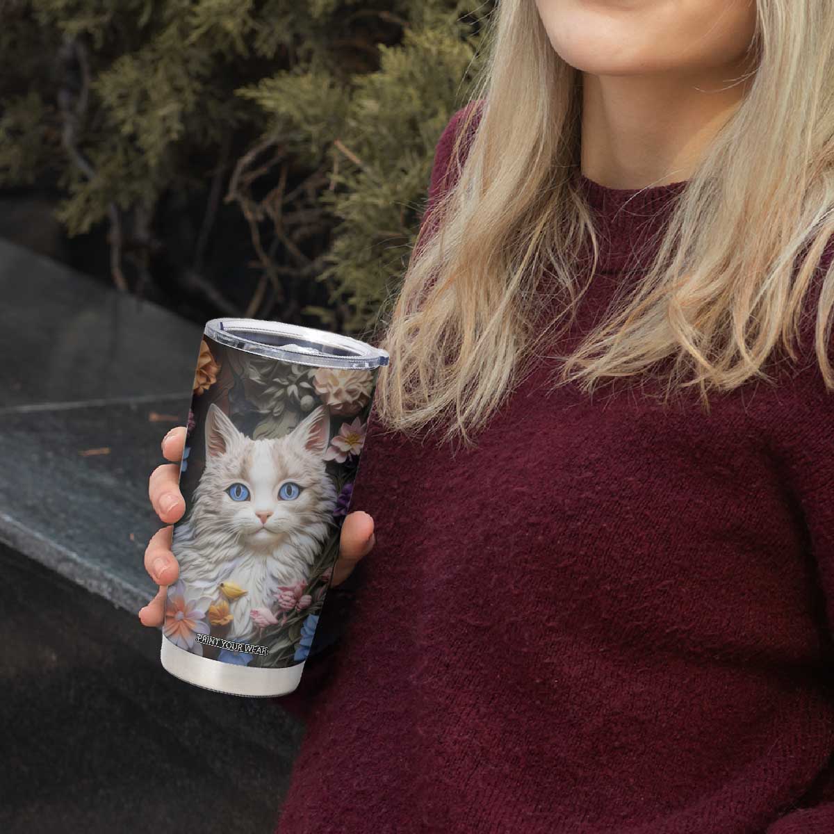 Cat Flowers Plaster Carving Tumbler Cup Personalized TS04