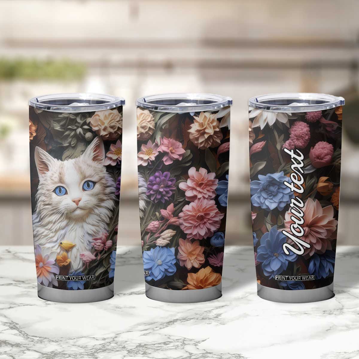 Cat Flowers Plaster Carving Tumbler Cup Personalized TS04