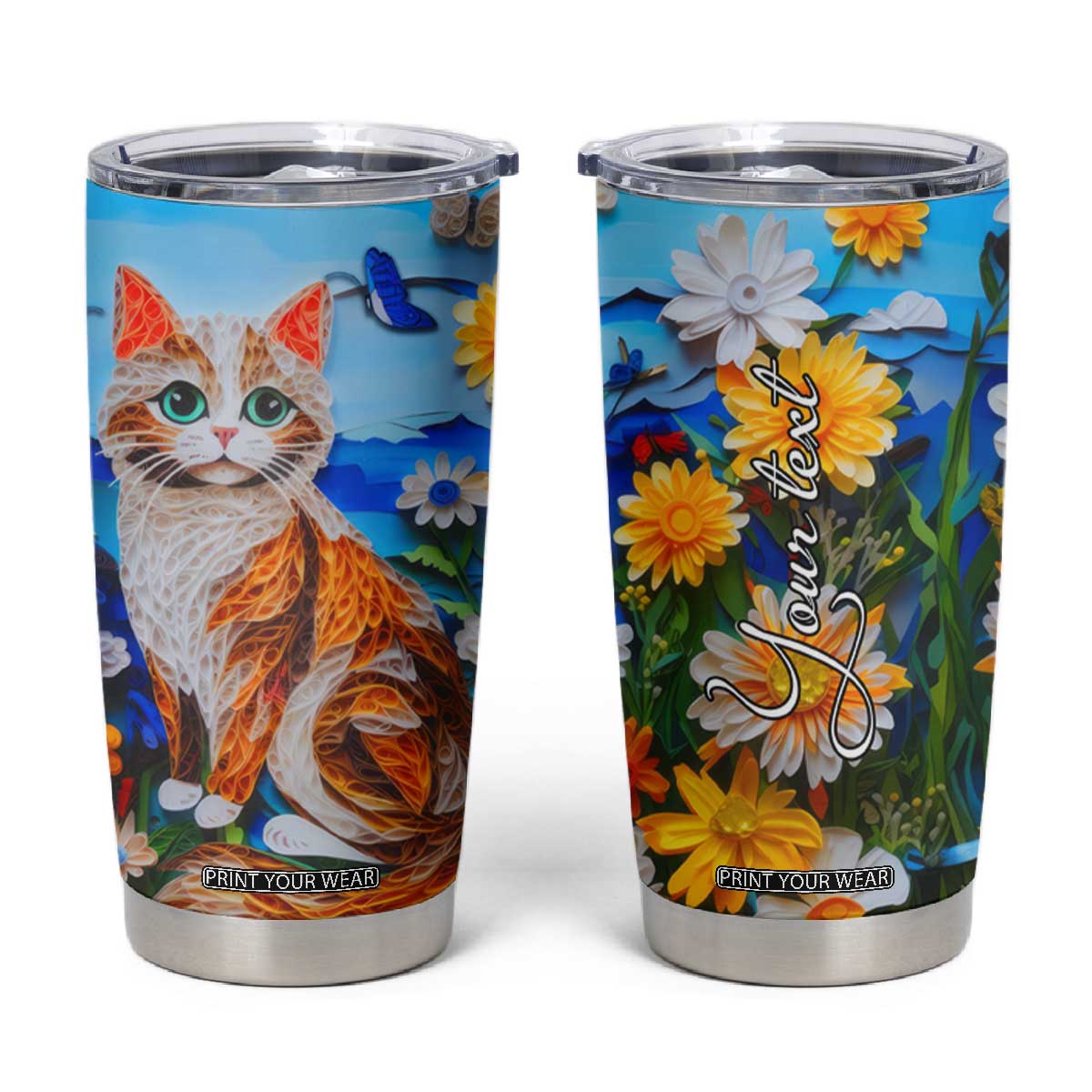 Cat In The Flowers Garden Paper Quiling Tumbler Cup Personalized TS04