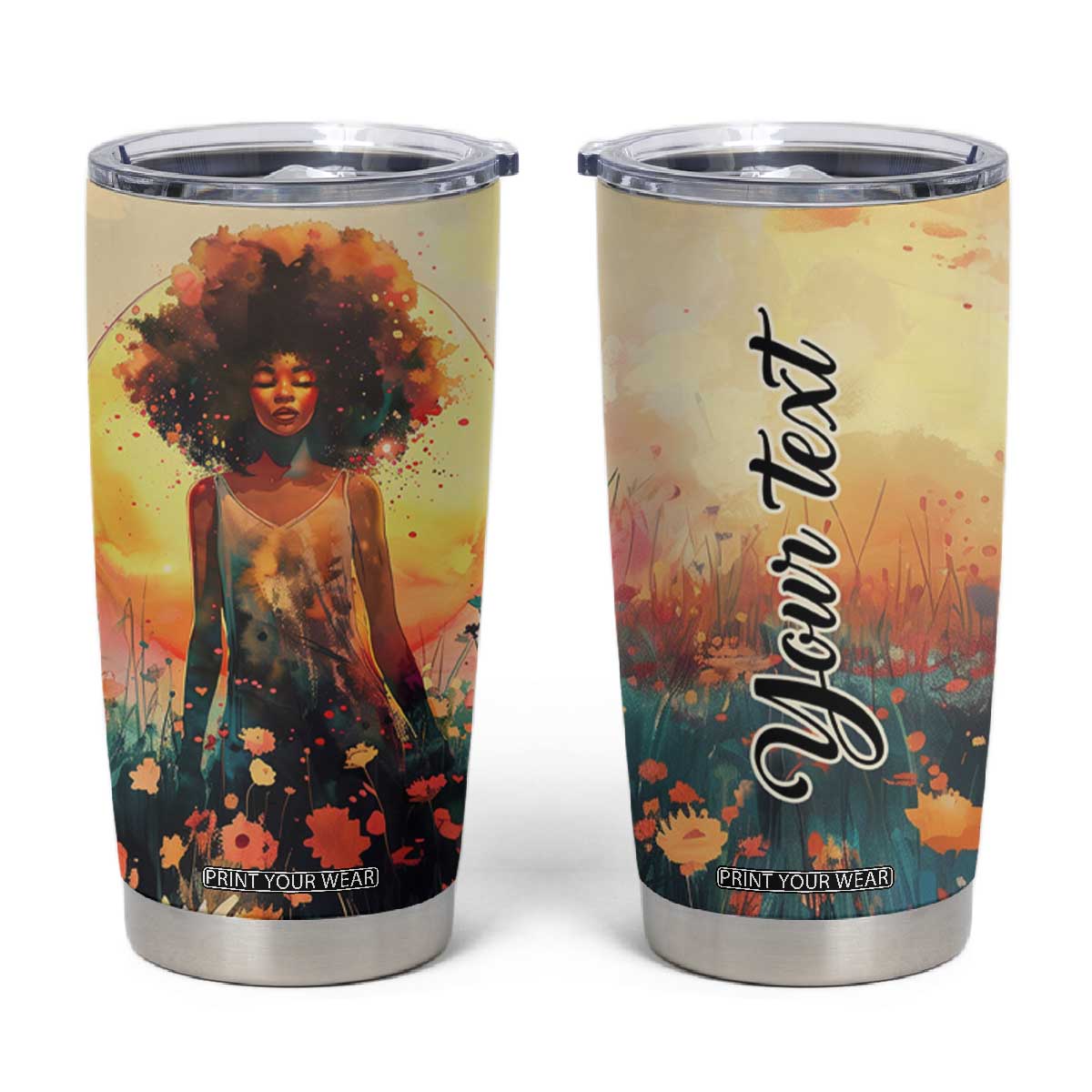Black Women In Flower Field - Sun Set Watercolor Style Personalized Tumbler Cup TS04