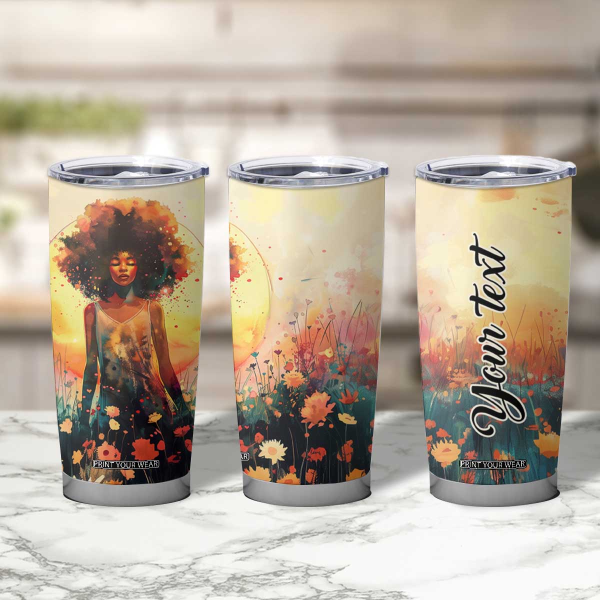 Black Women In Flower Field - Sun Set Watercolor Style Personalized Tumbler Cup TS04