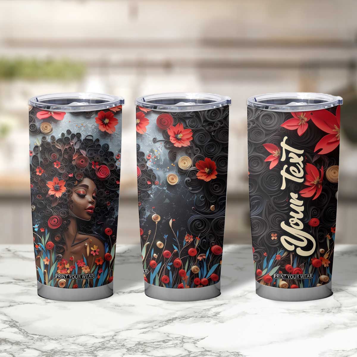 Black Woman Floral Quilling Art Tumbler Cup TS04