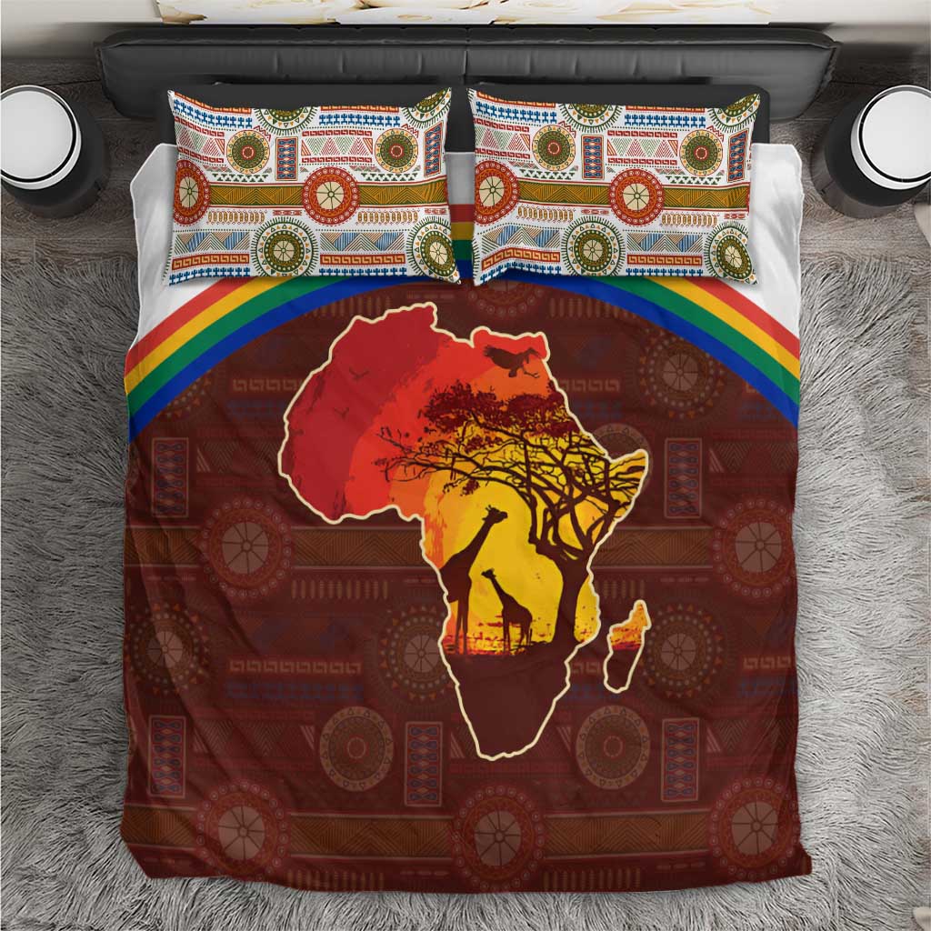 African Sunset Bedding Set Tribal Pattern Continent Silhouette - Rainbow Arc Safari Scene TS04