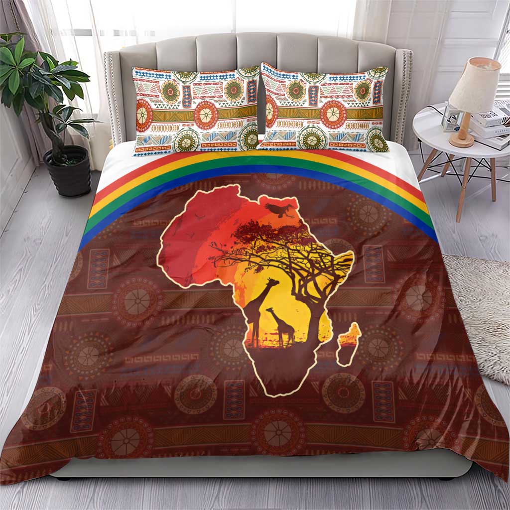 African Sunset Bedding Set Tribal Pattern Continent Silhouette - Rainbow Arc Safari Scene TS04