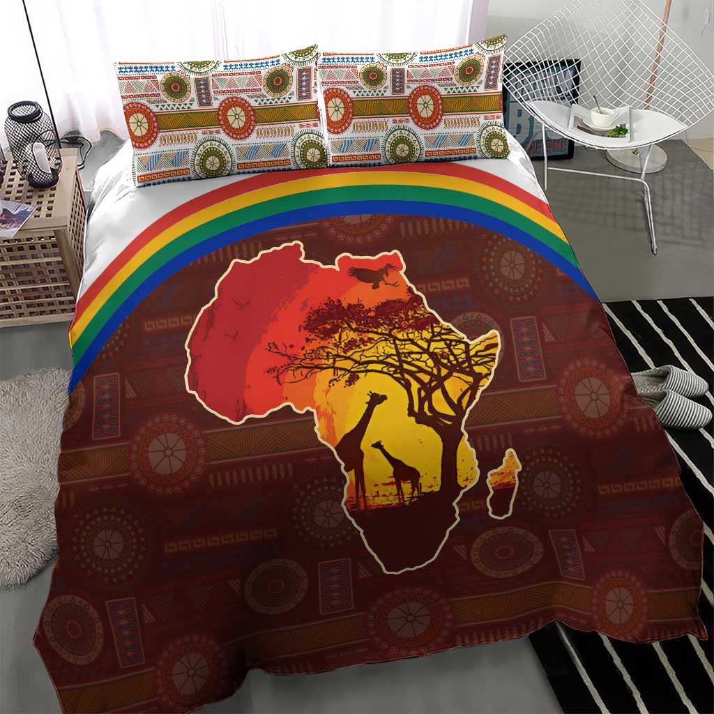 African Sunset Bedding Set Tribal Pattern Continent Silhouette - Rainbow Arc Safari Scene TS04