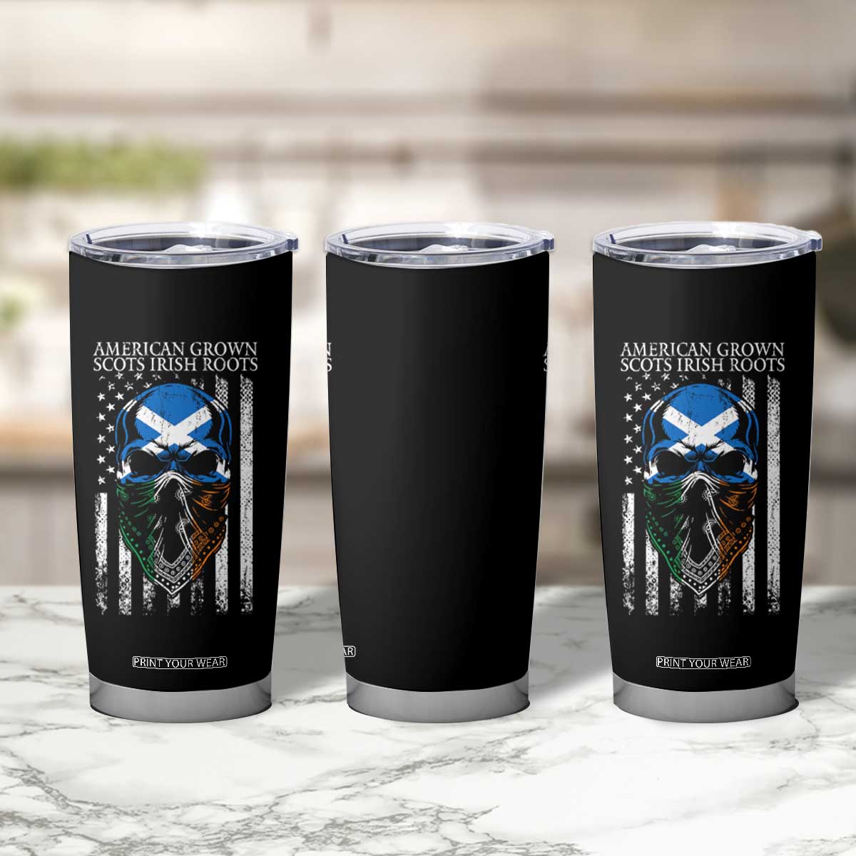 American Grown With Scots Irish Roots Tumbler Cup American Ulster Scots Skull Flag TS09