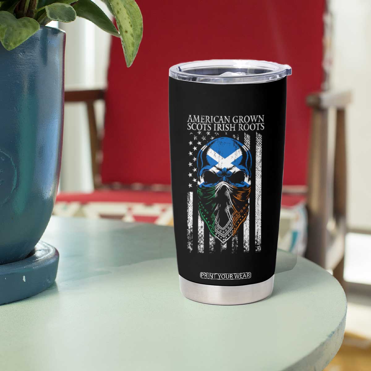 American Grown With Scots Irish Roots Tumbler Cup American Ulster Scots Skull Flag TS09