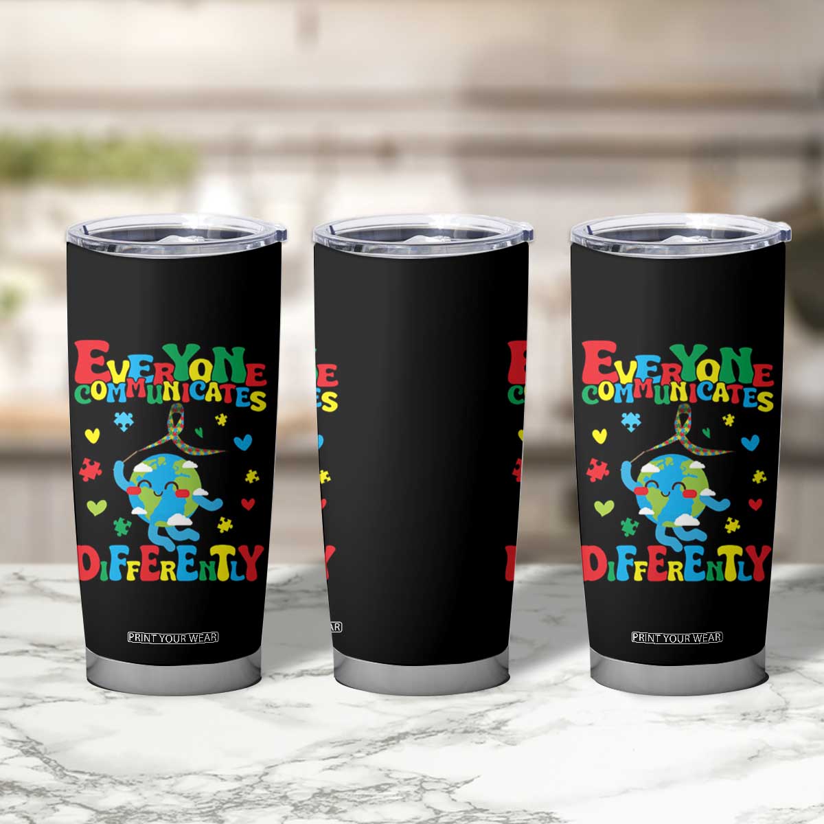 Autism Awareness Tumbler Cup Everyone Communicates Different Puzzle Cute Earth TS09