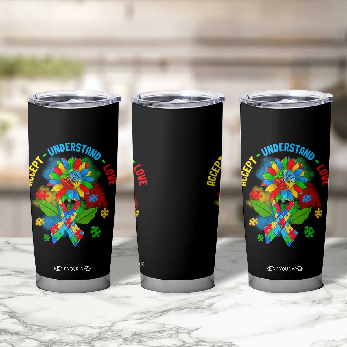 Autism Awareness Tumbler Cup Accept Understand Love Rainbow Puzzle Sunflower TS09