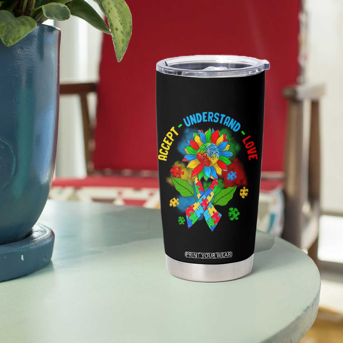 Autism Awareness Tumbler Cup Accept Understand Love Rainbow Puzzle Sunflower TS09