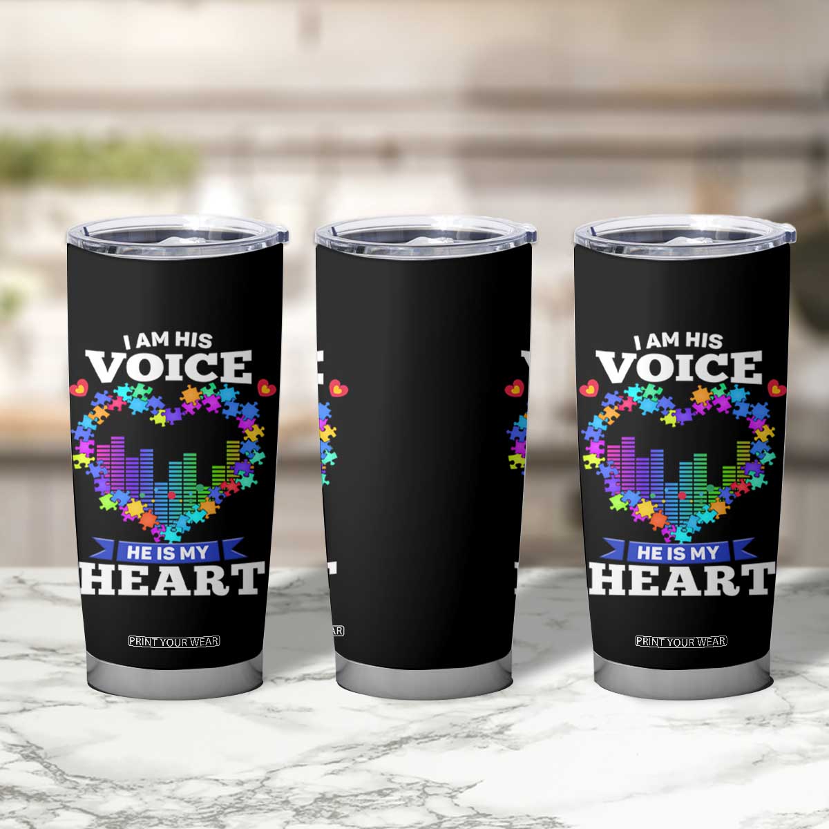 Autism Awareness Tumbler Cup I Am His Voice He Is My Heart Mom Dad Parents Support TS09