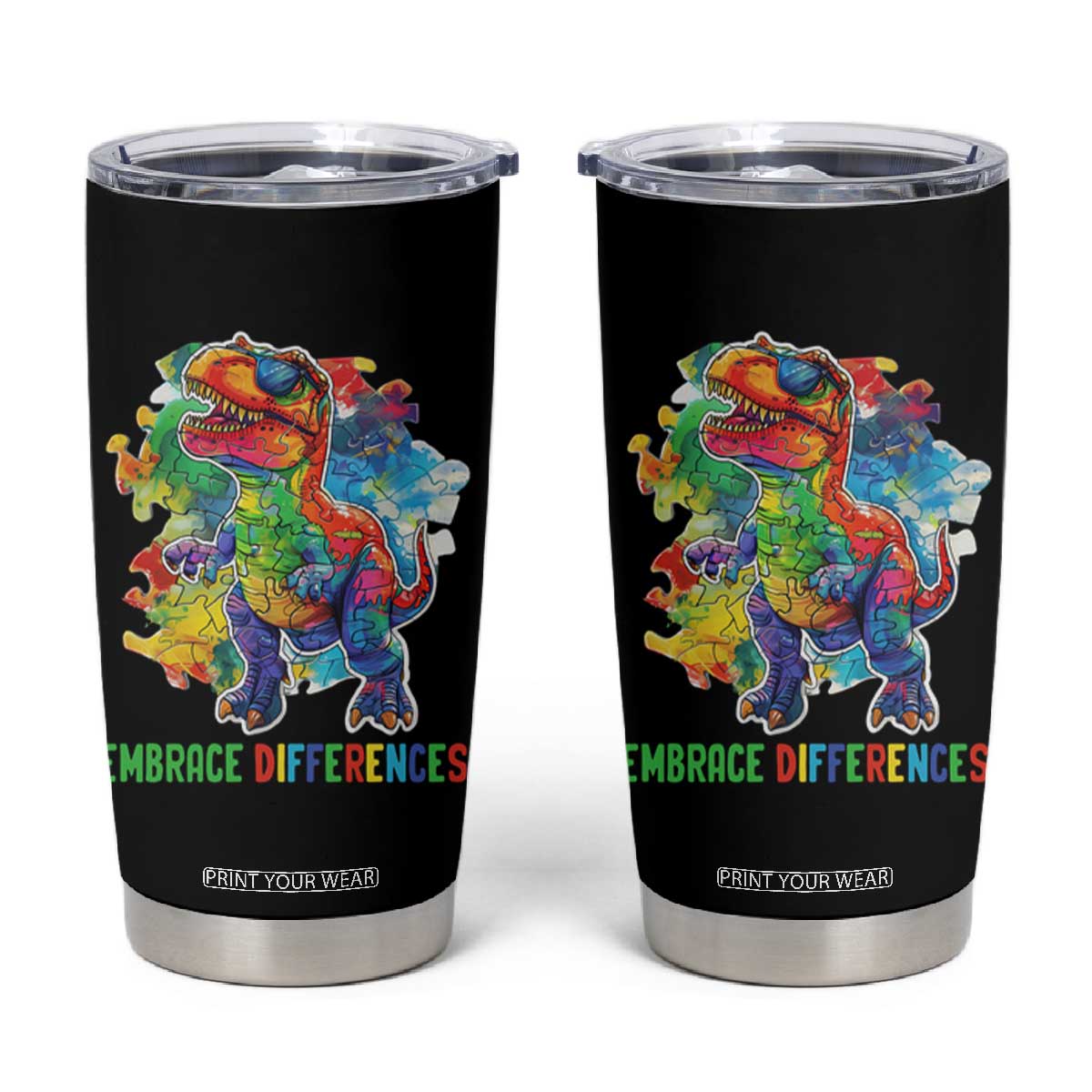 Autism Awareness Tumbler Cup Embrace Differences Puzzle Dinosaur TS09
