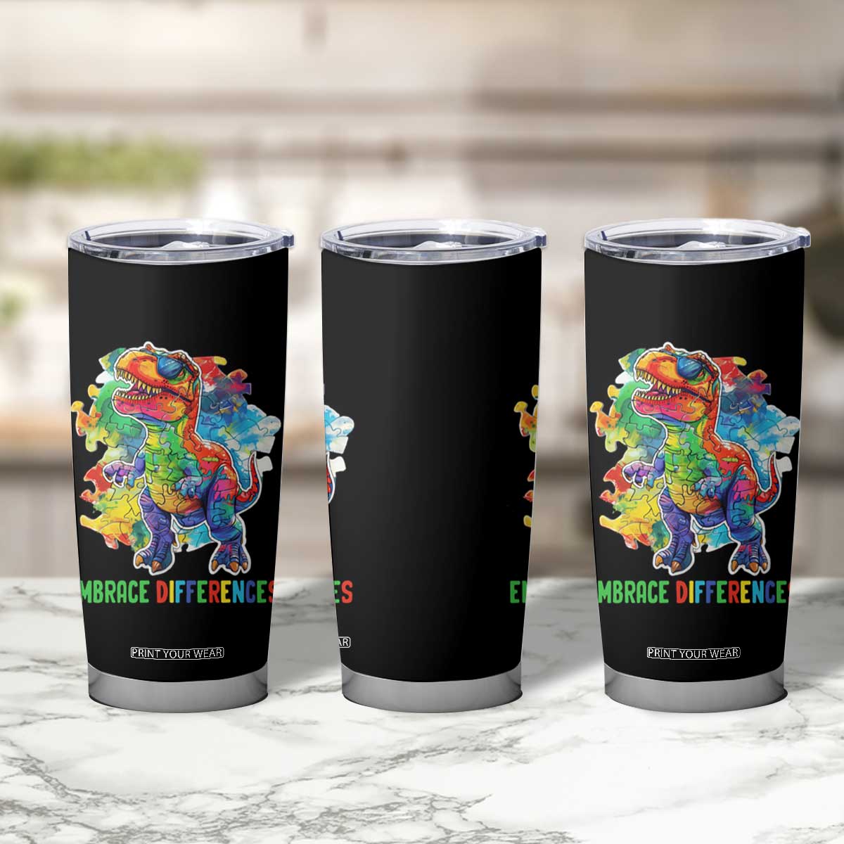 Autism Awareness Tumbler Cup Embrace Differences Puzzle Dinosaur TS09
