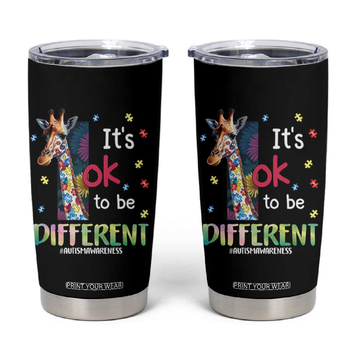 Autism Awareness Tumbler Cup It's Ok To Be Different Puzzle Giraffe TS09